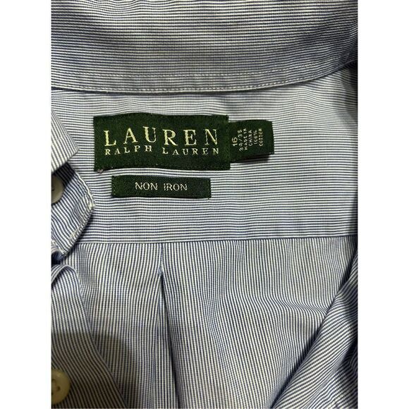 Ralph Lauren Button Down Men Size 16 34/35 Blue Stripe Cotton Long Sleeve - Picture 5 of 8